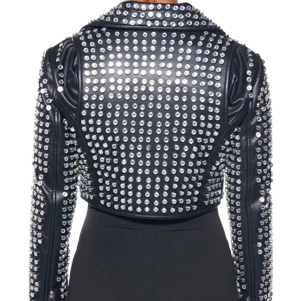 Callie Lives Xena 3006 Black AZALEA WANG 3000 Rhinestone Studded Moto Jacket ML - Picture 3 of 14